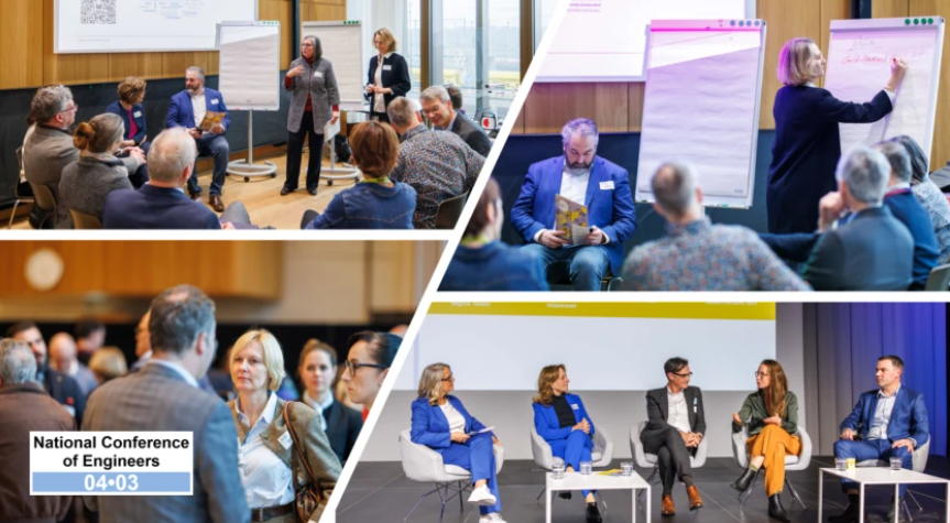 Vier aufgesplittete Bilder, zu sehen Leute in einem Vortrag.